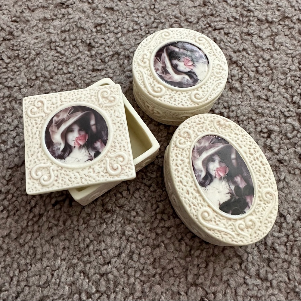 Enesco Kim Anderson's Pretty As A Picture Jewelry Box Vintage Set of 3